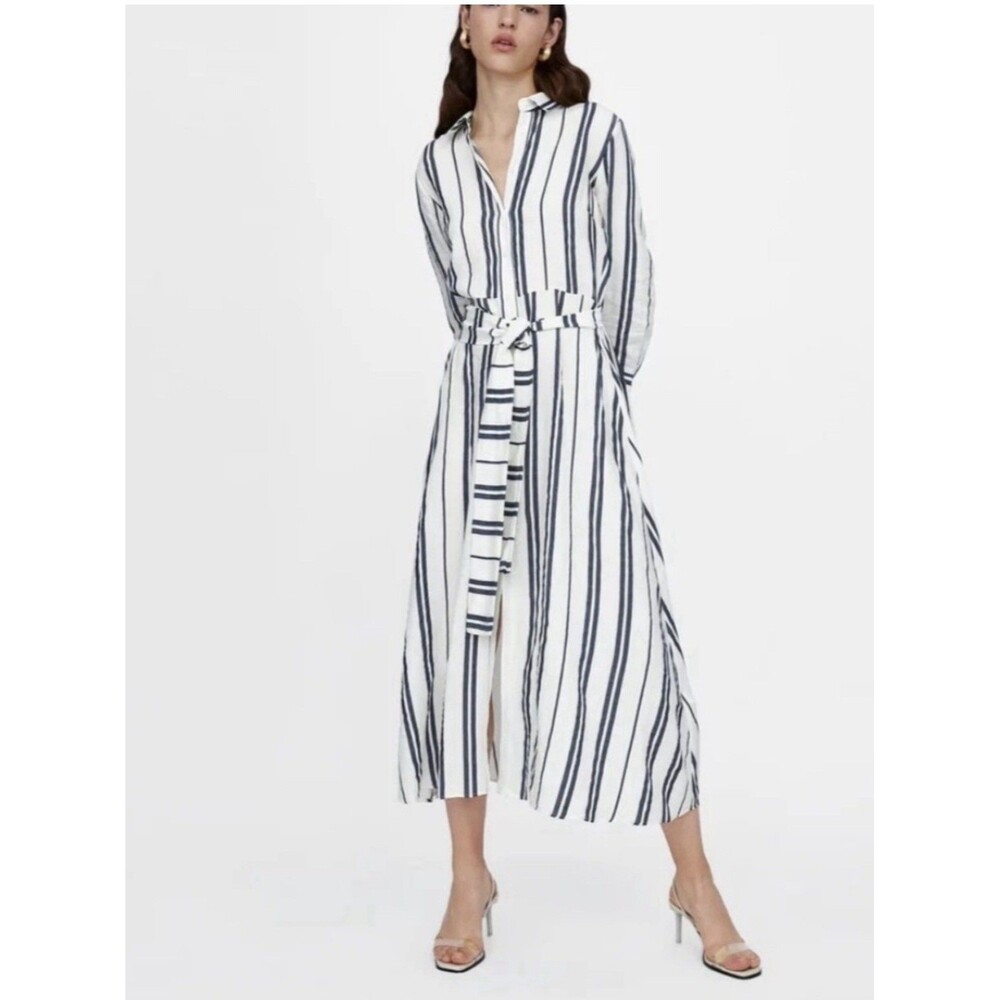 ZARA STRIPED LINEN BLEND LONG SHIRT DRESS Large BLOGGERS FAVE!